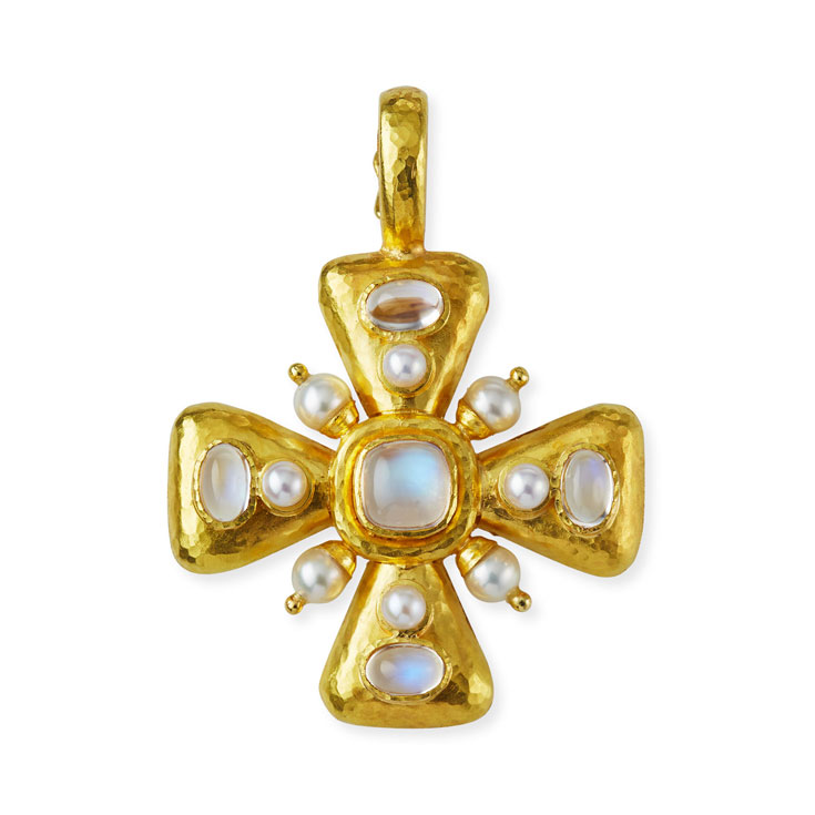 Small Moonstone and Pearl Maltese Cross Pendant P72649