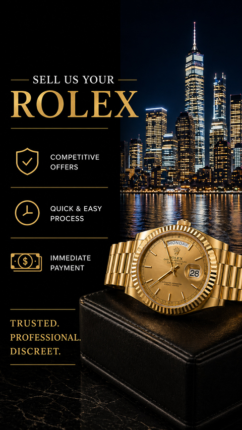 Sell Us Your Rolex banner fearuring a Rolex watch in front of a city skyline