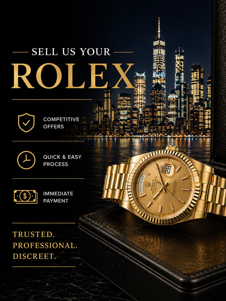 Sell Us Your Rolex banner fearuring a Rolex watch in front of a city skyline