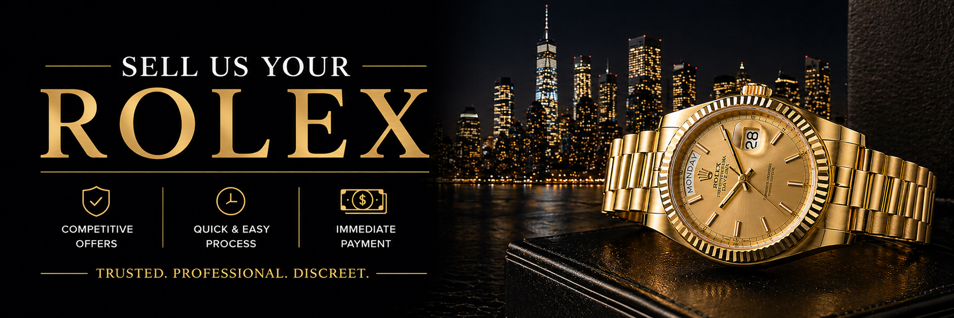 Sell Us Your Rolex banner fearuring a Rolex watch in front of a city skyline