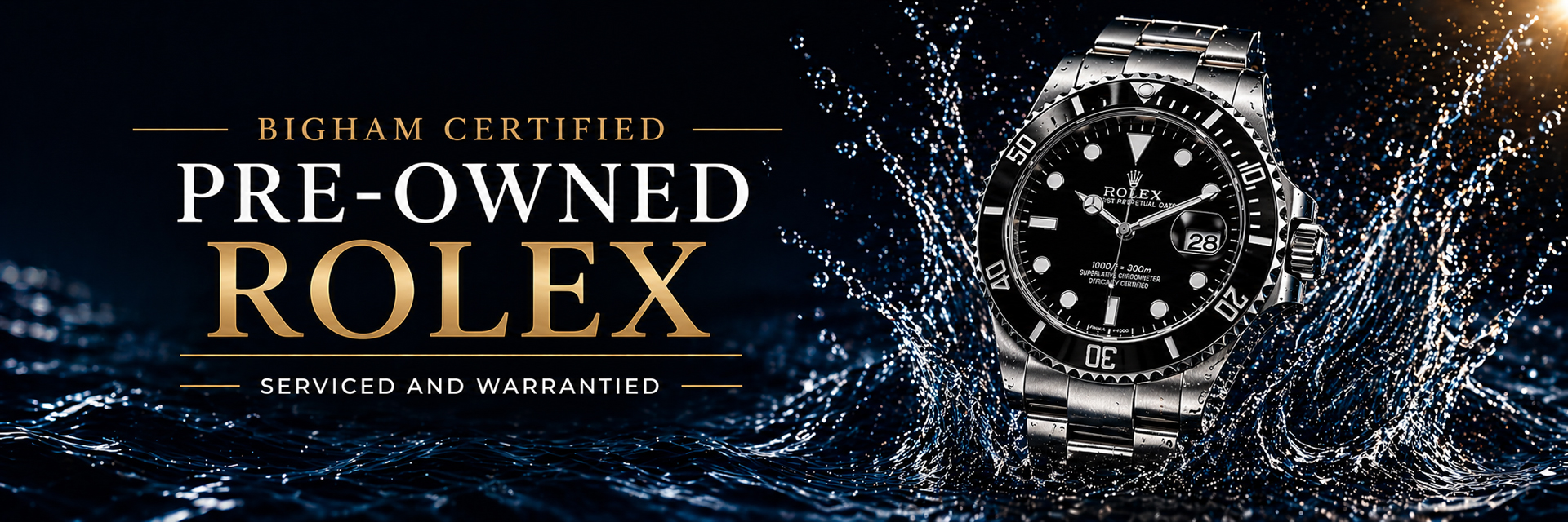 Bigham Certified Pre-Owned Rolex banner featuring a Rolex watch splashing in water