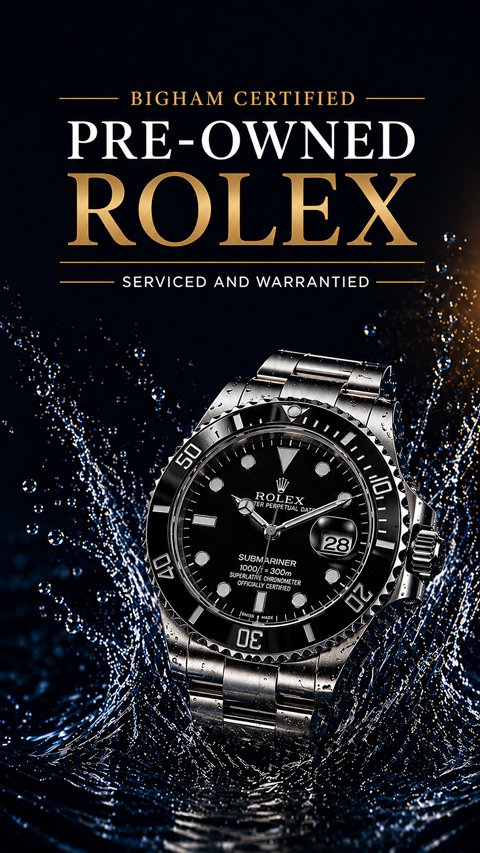 Bigham Certified Pre-Owned Rolex banner featuring a Rolex watch splashing in water