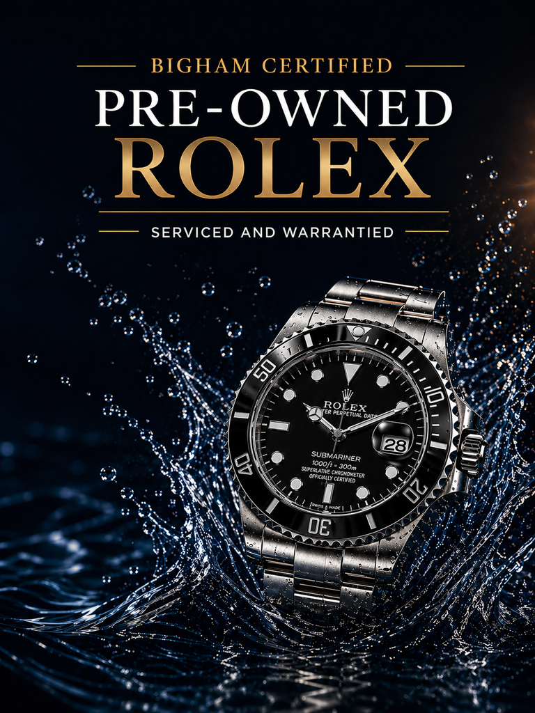 Bigham Certified Pre-Owned Rolex banner featuring a Rolex watch splashing in water